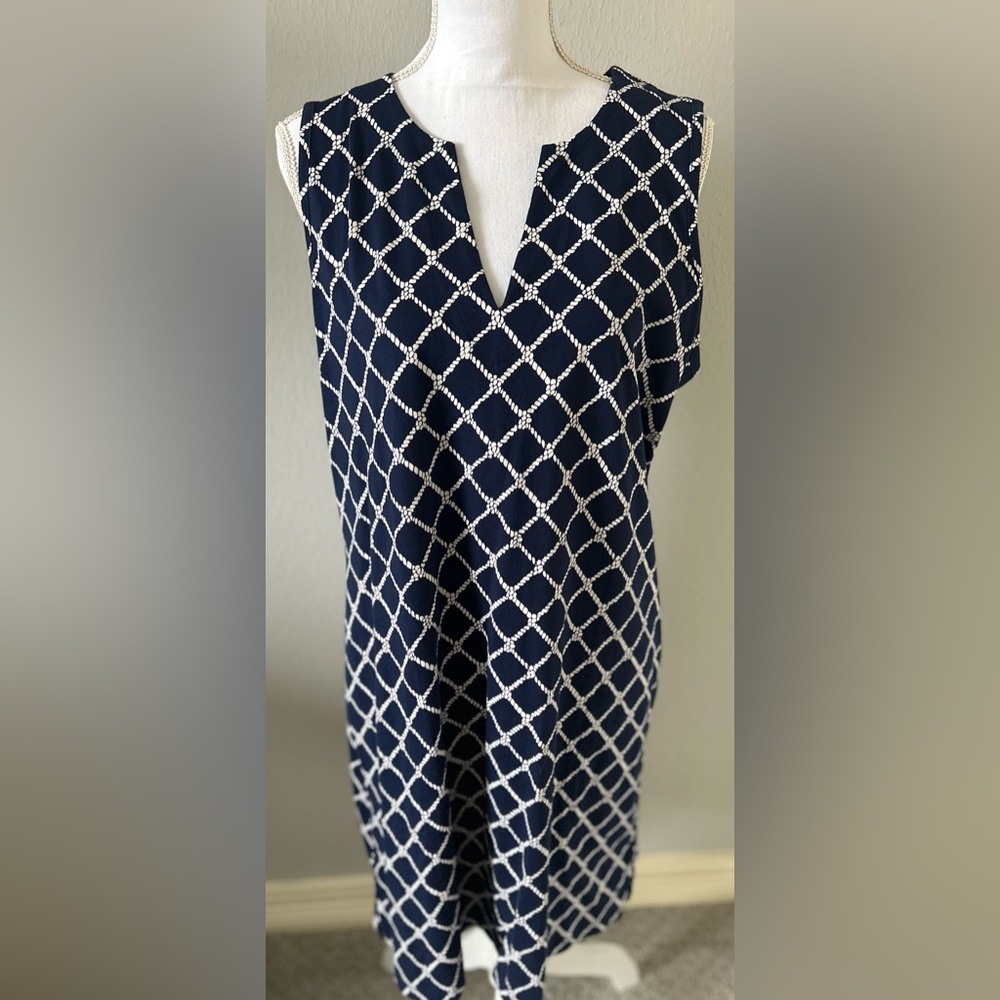 Lands' End Navy and White Geometric Midi Dress